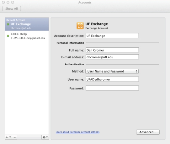 Mac Office 2011 Exchange account settings