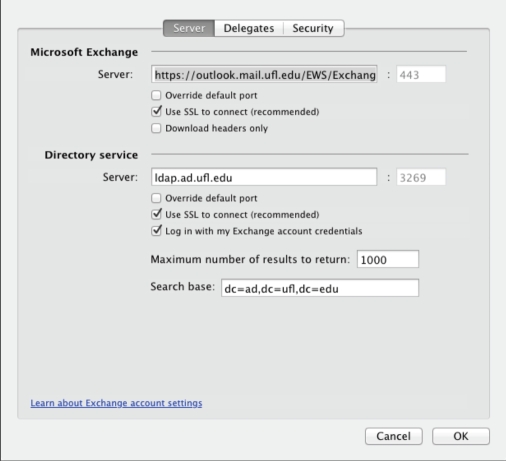 Mac Office 2011 Exchange account secure LDAP settings