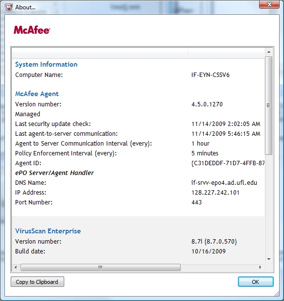 McAfee Agent Info Window