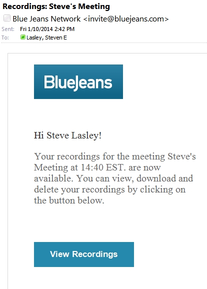 Bluejeans recording notification via email