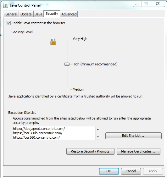 Java Control Panel applet security tab