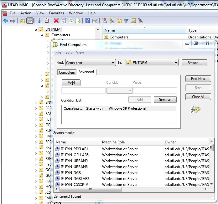 ADUC search for Windows XP boxes