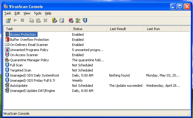 VirusScan Console on Windows XP